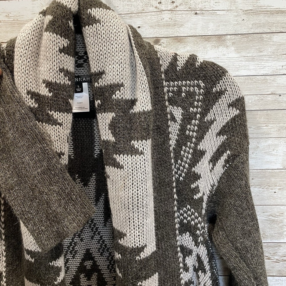 Hannah Womens L Sweater Open‎ Cardigan Gray Southwestern Aztec Scarf Collar
